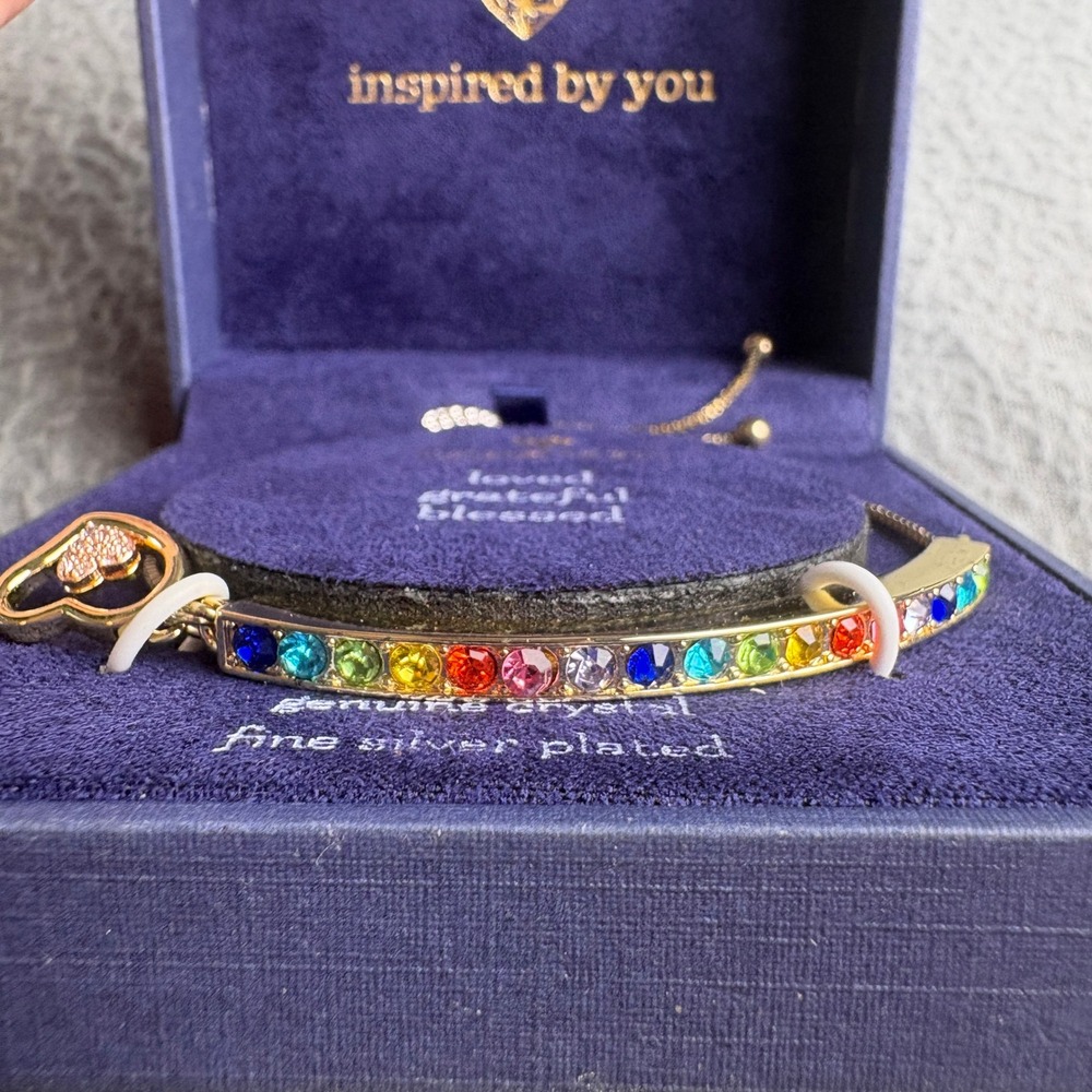 Inspired By You Rainbow Crystal Fine Silver Plated Bolo Bracelet Gold Tone Bar